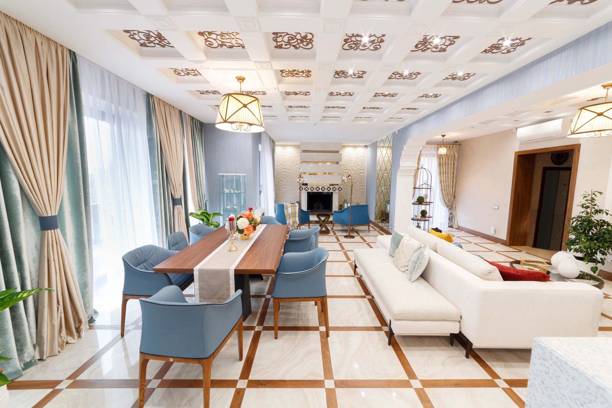 Elegant residential living room with chandelier