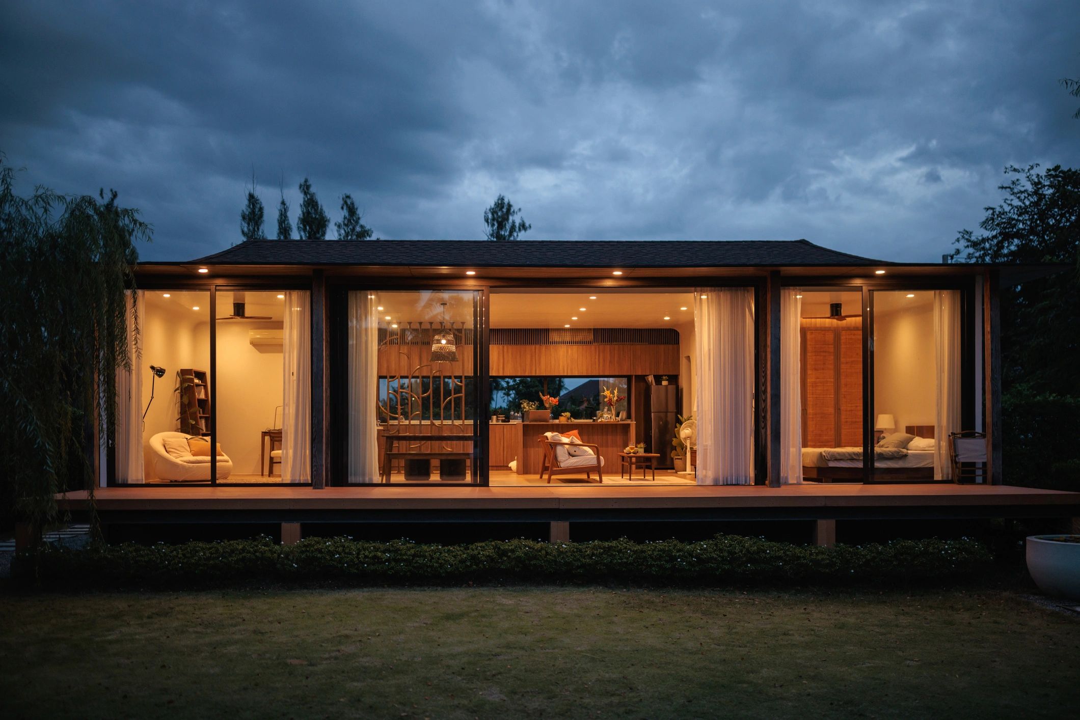 Modern luxury home exterior at dusk